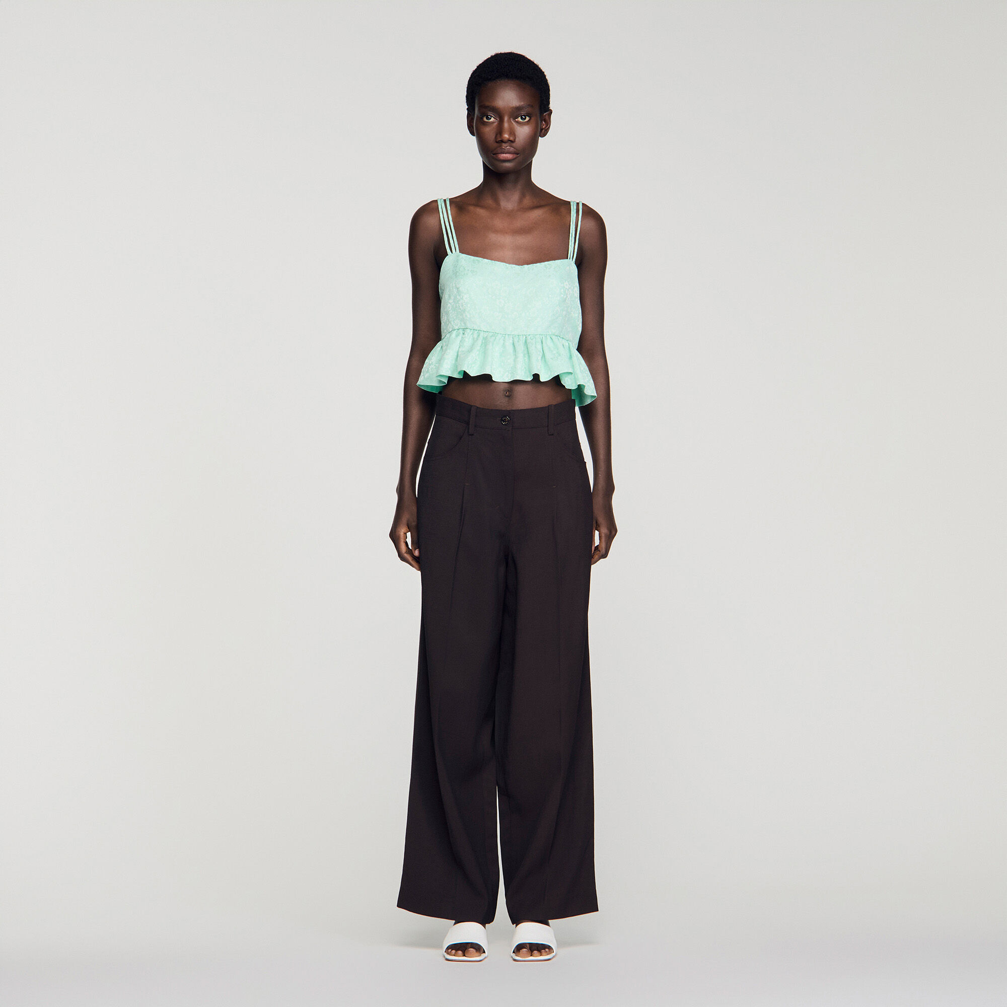 Blumiger Jacquard-Rüschen-Crop-Top
