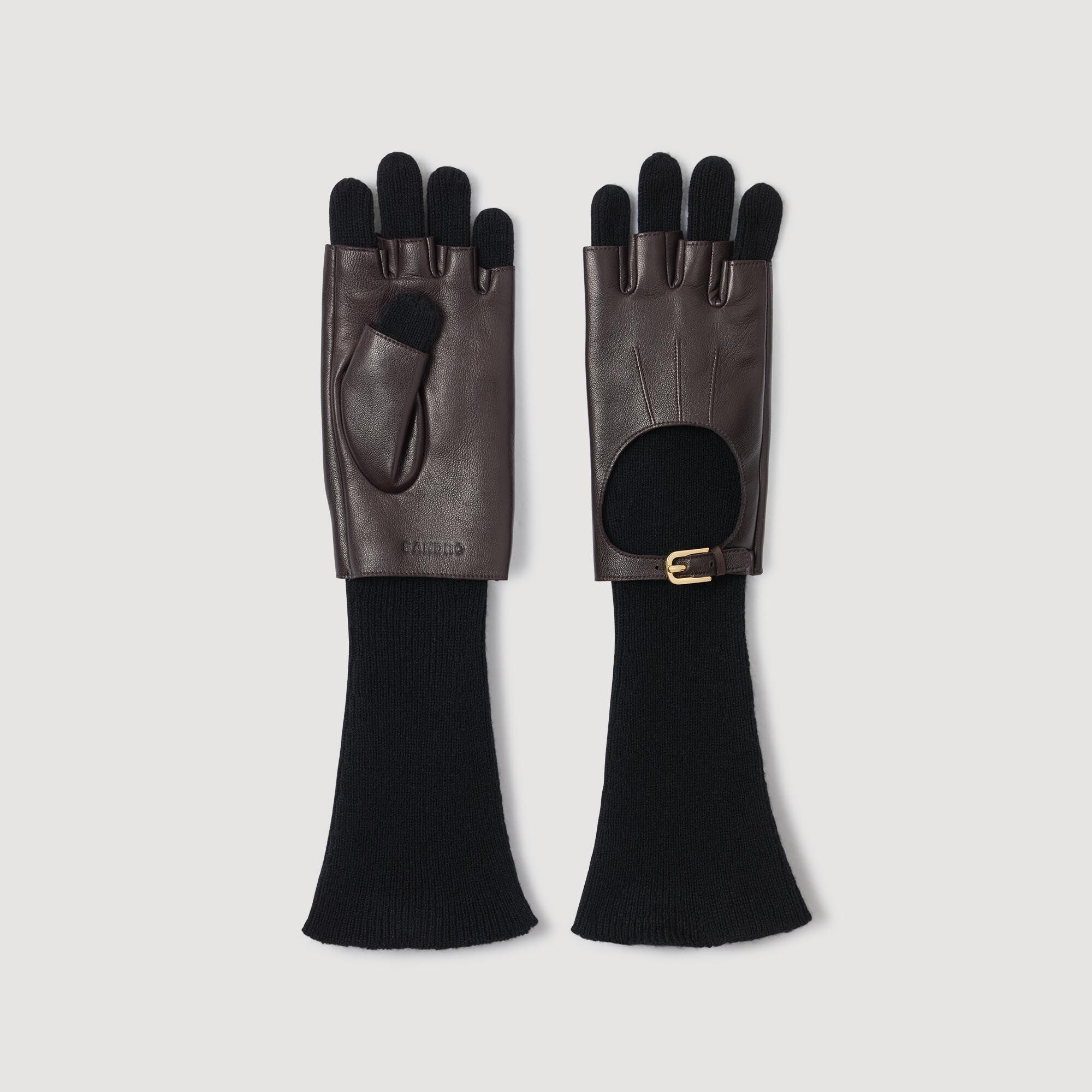 Lange Strick- und Lederhandschuhe