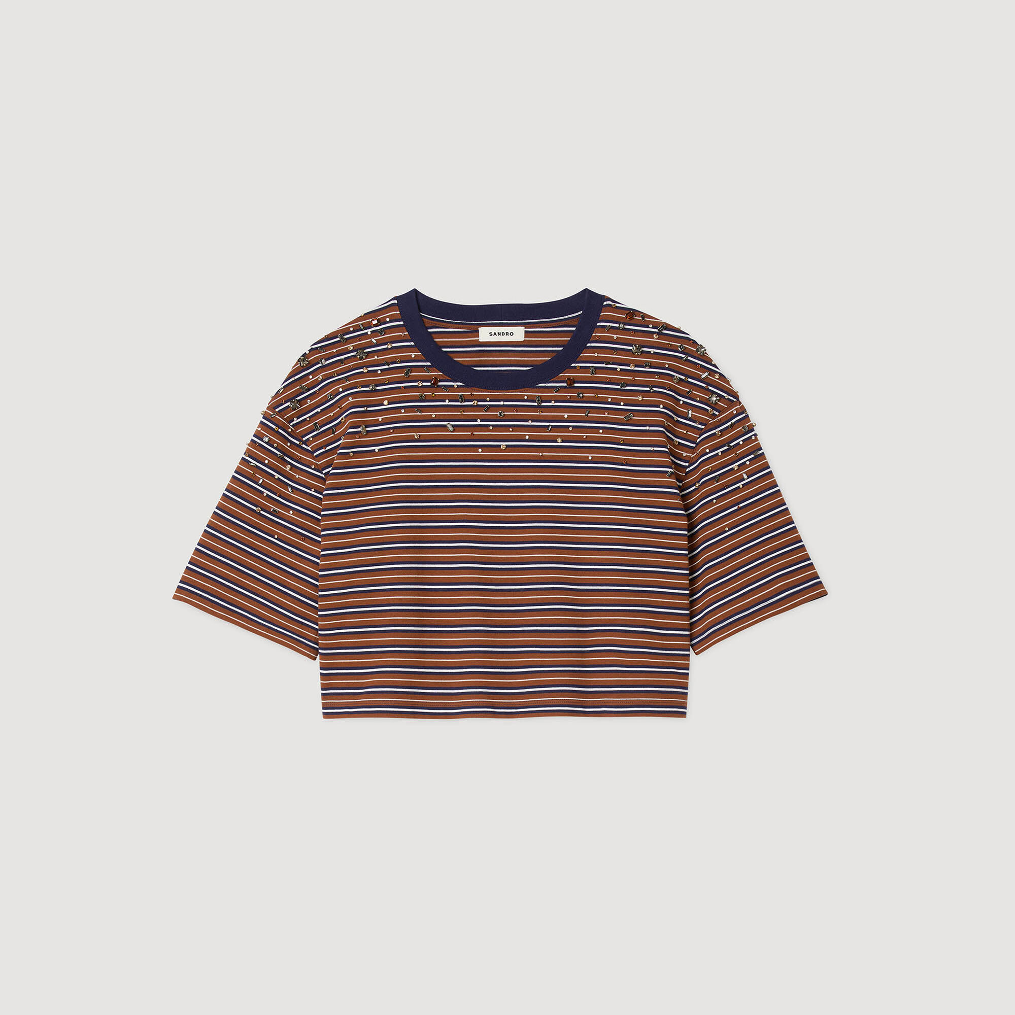 Streifiges T-Shirt mit Strasssteinen