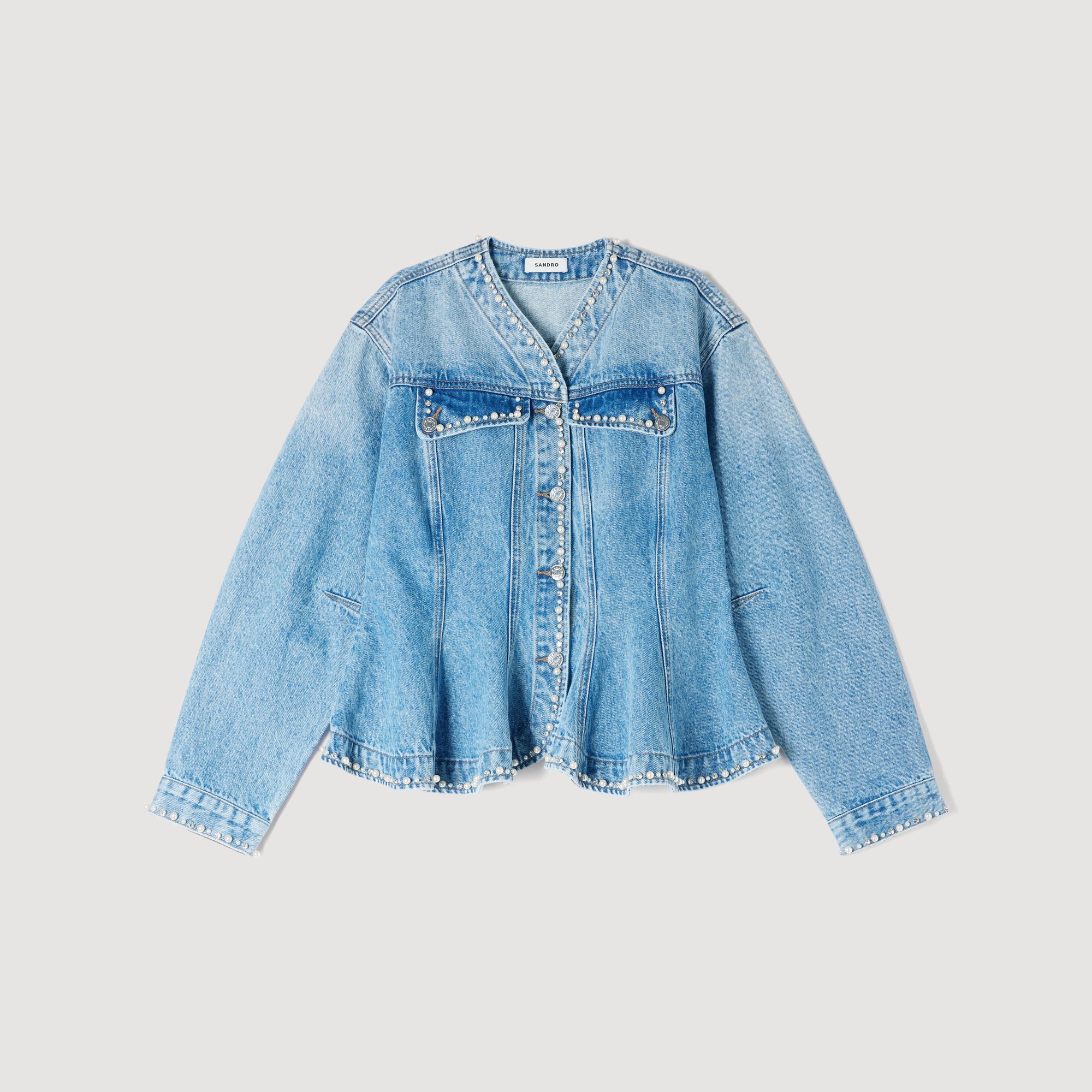 Perlenbesetzter Denim-Peplum-Jacke