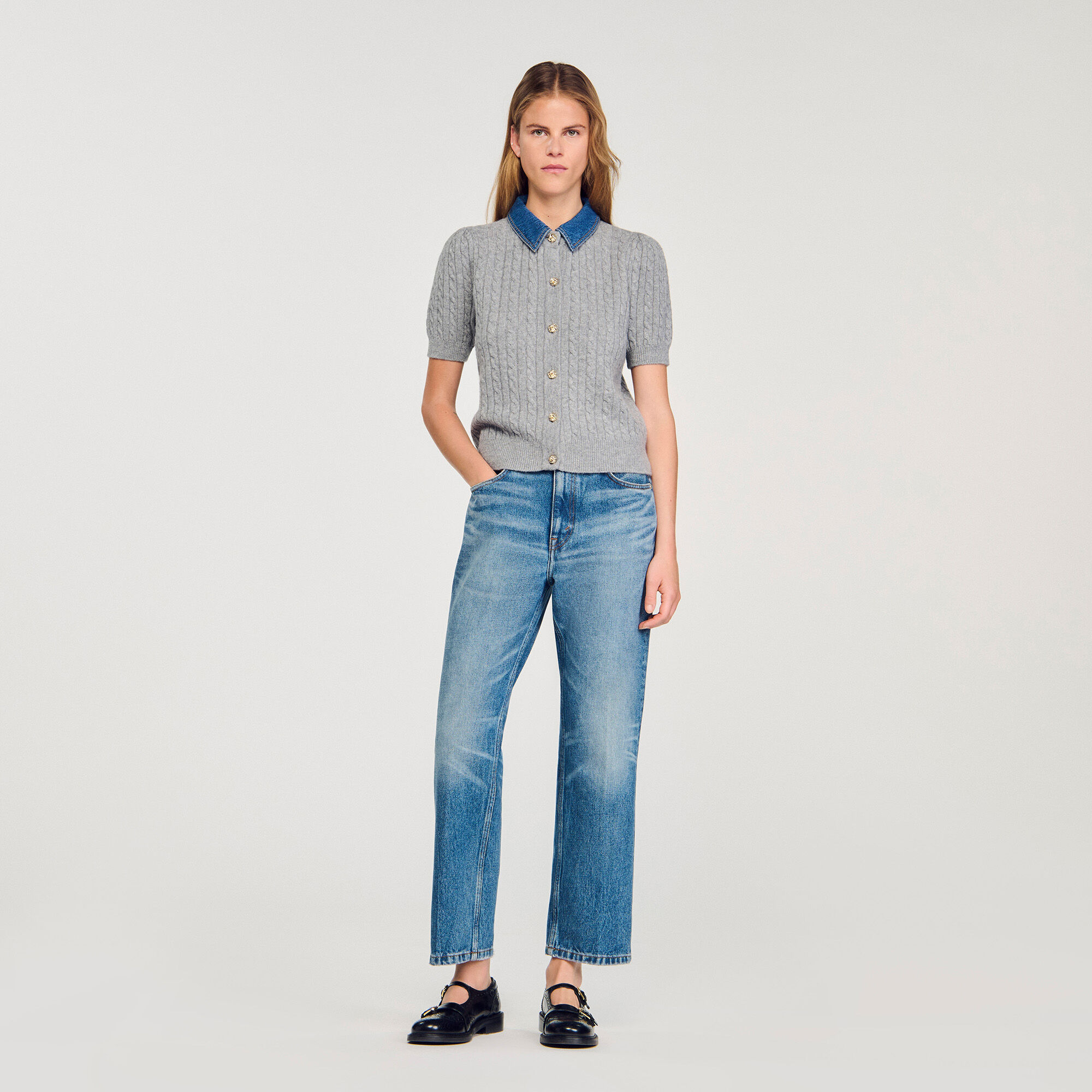 Cardigan mit abnehmbarem Denim-Kragen