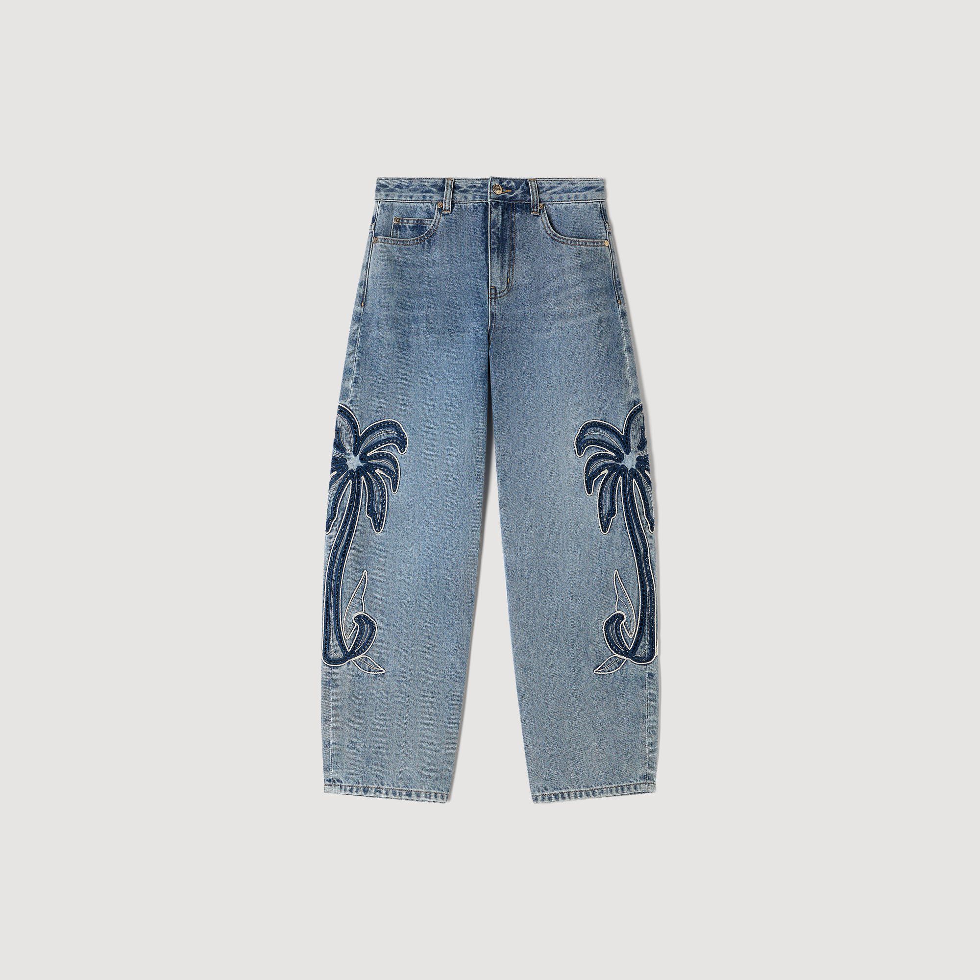 Weite Jeans mit Palmenstickerei