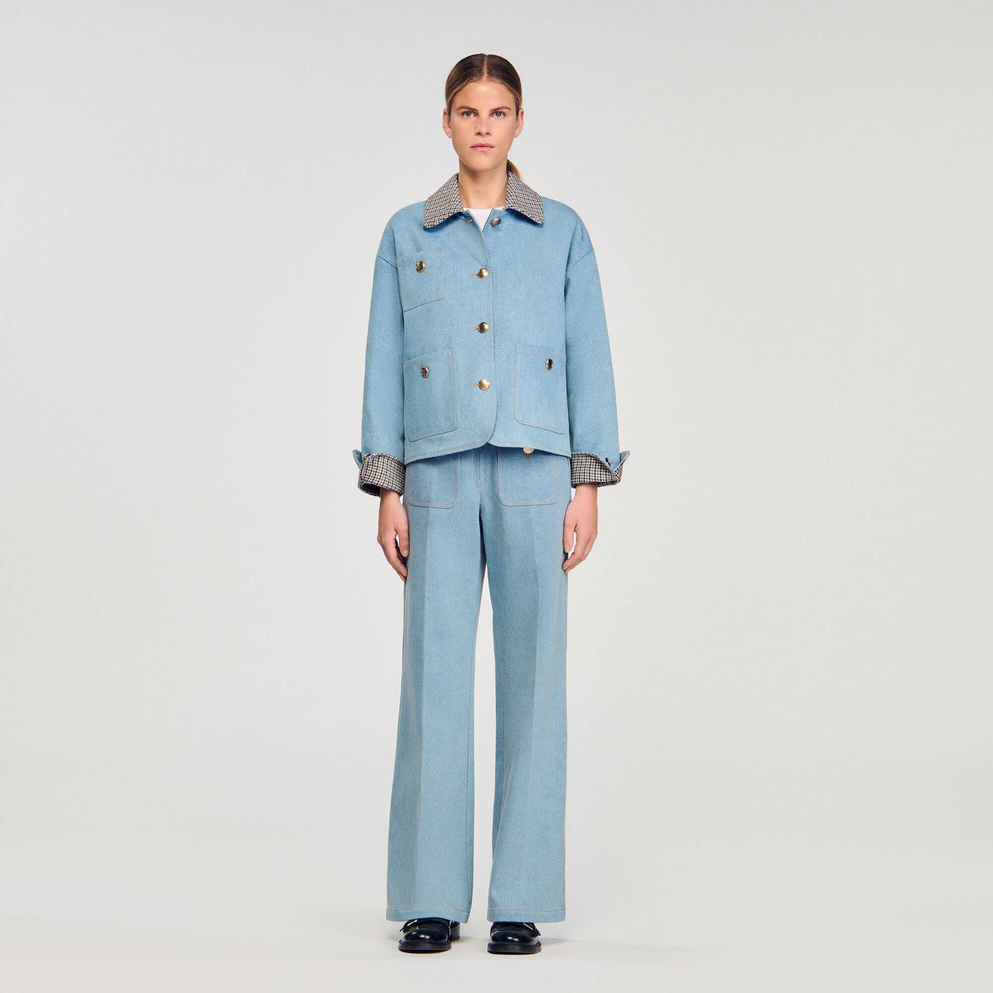 Plaidkragen-Denim-Jacke