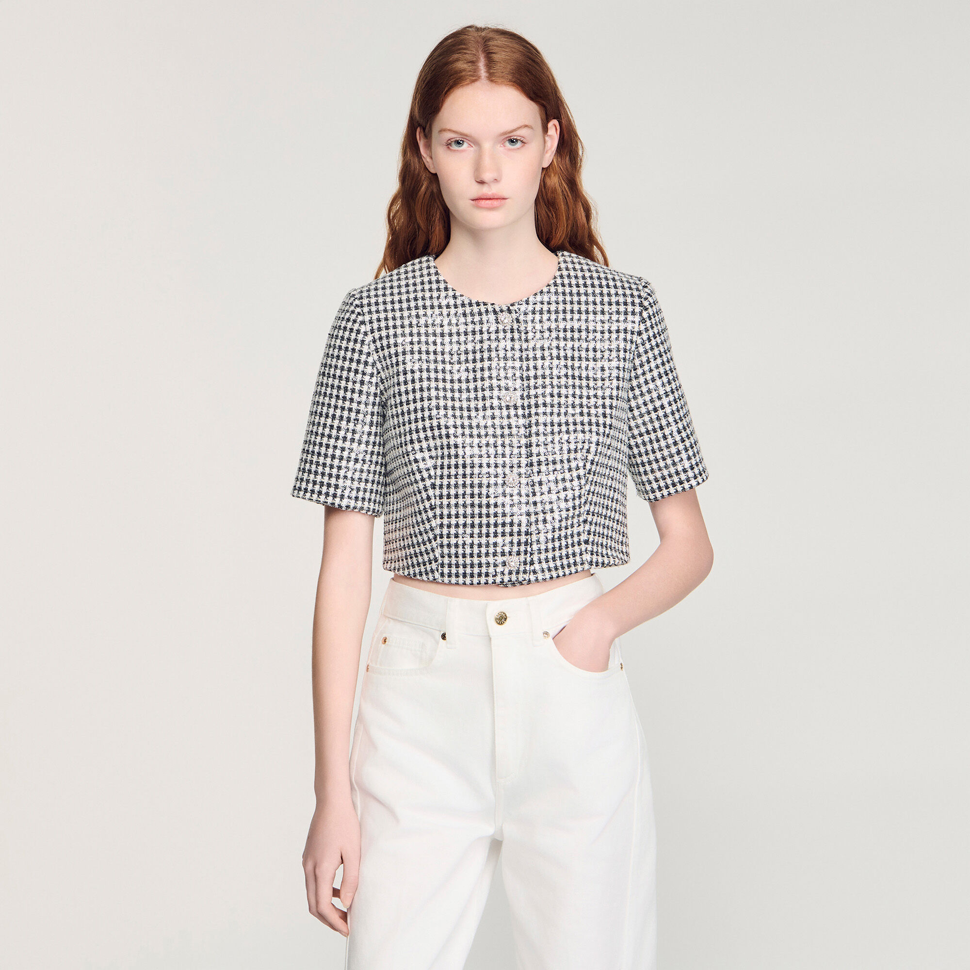 Cropped-Houndstooth-Tweed-Top
