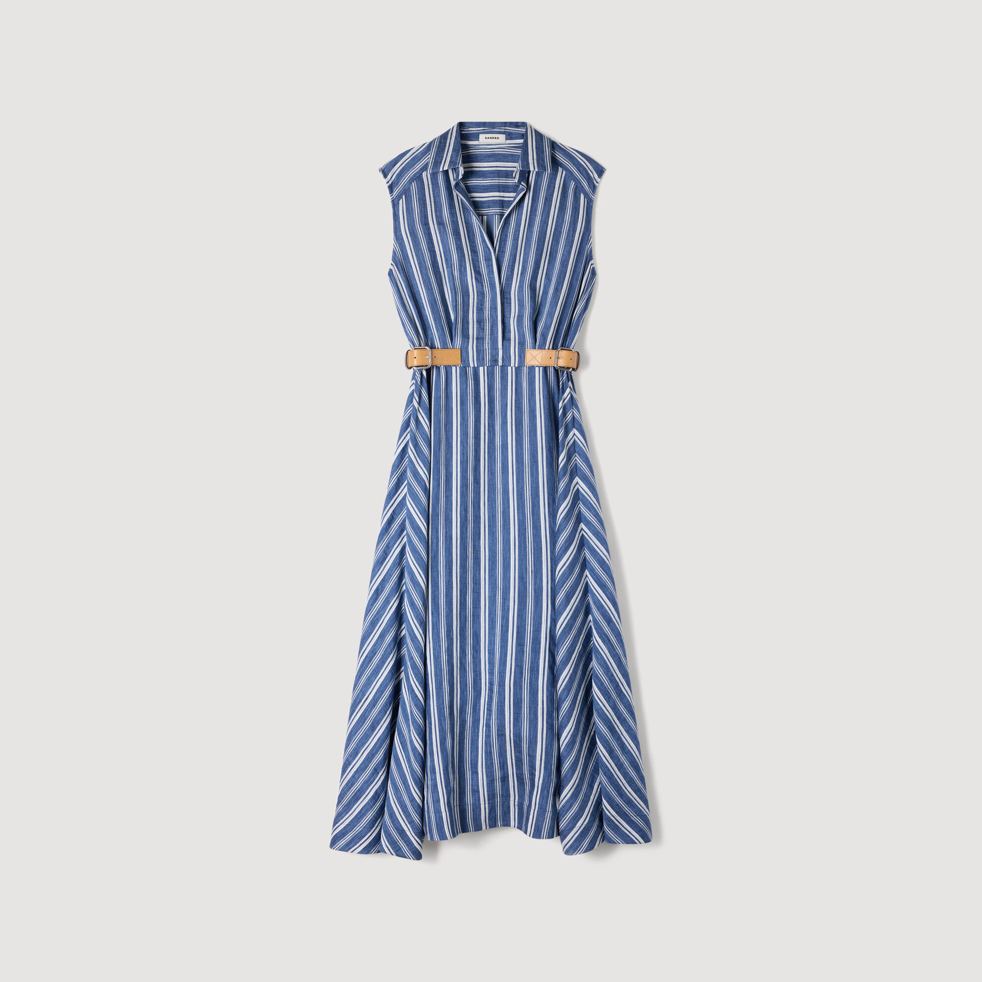 Gestreifter Maxikleid mit Leder-Tab