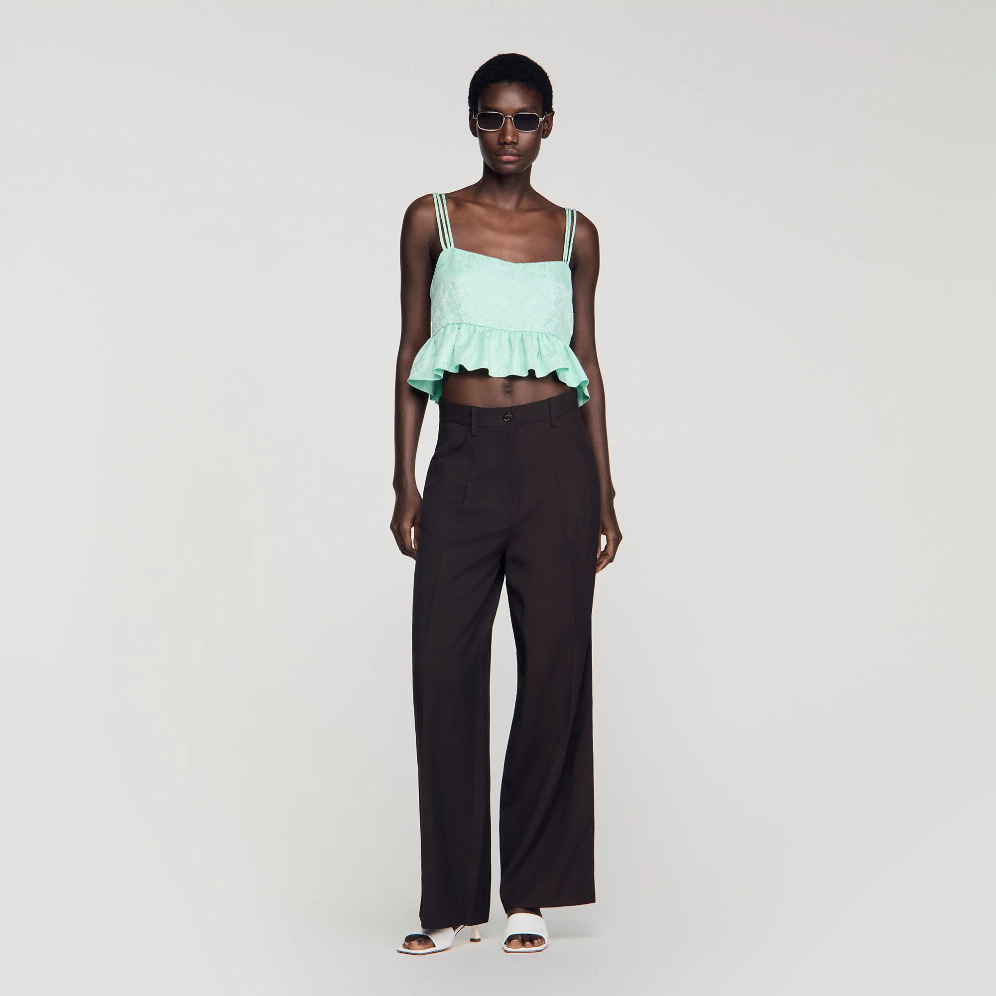 Blumiger Jacquard-Rüschen-Crop-Top