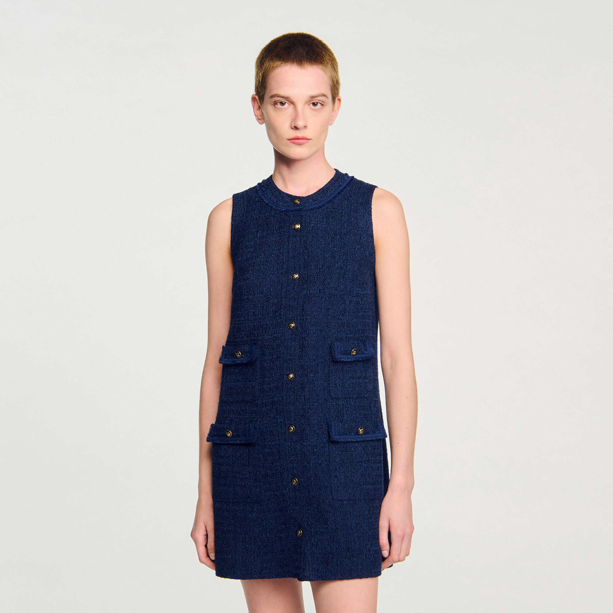 Goldknopf-Mini-Tweed-Kleid